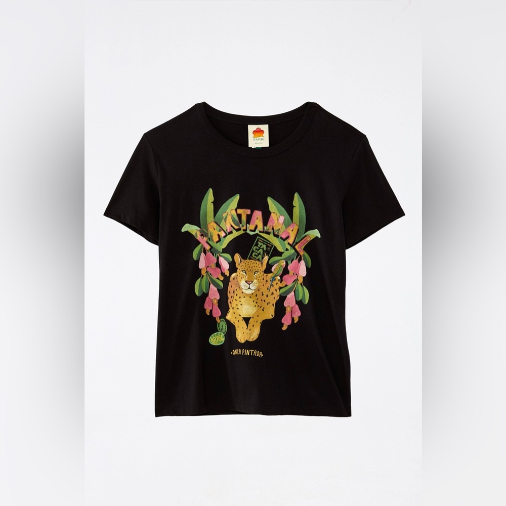 FARM Rio PANTANAL Cheetah Leopard Print Black Tee T-Shirt XS